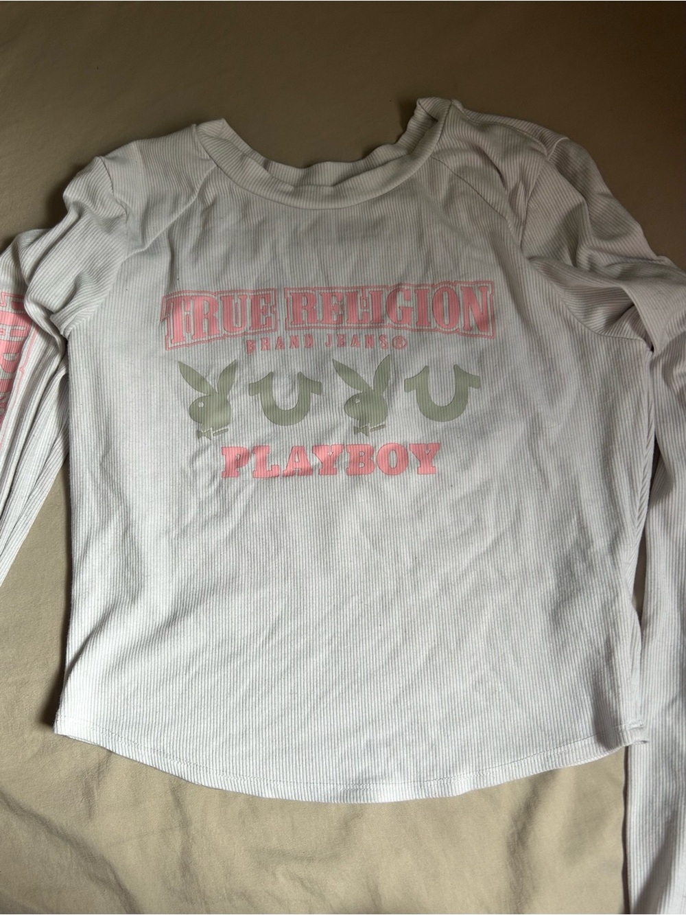 PLAYBOY White Ribbed Long Sleeve Tee with Pink & Olive Logos